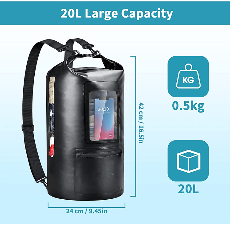 Dry Bag Supplier Transparent Windown Pocket Front 100% Waterproof Dry Bag Black Color 
