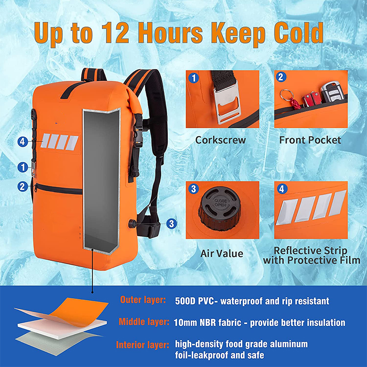 Dry Bag Supplier Cooler Backpack Orange Reflective Printing Beer Opening Attached Cooler Bag 